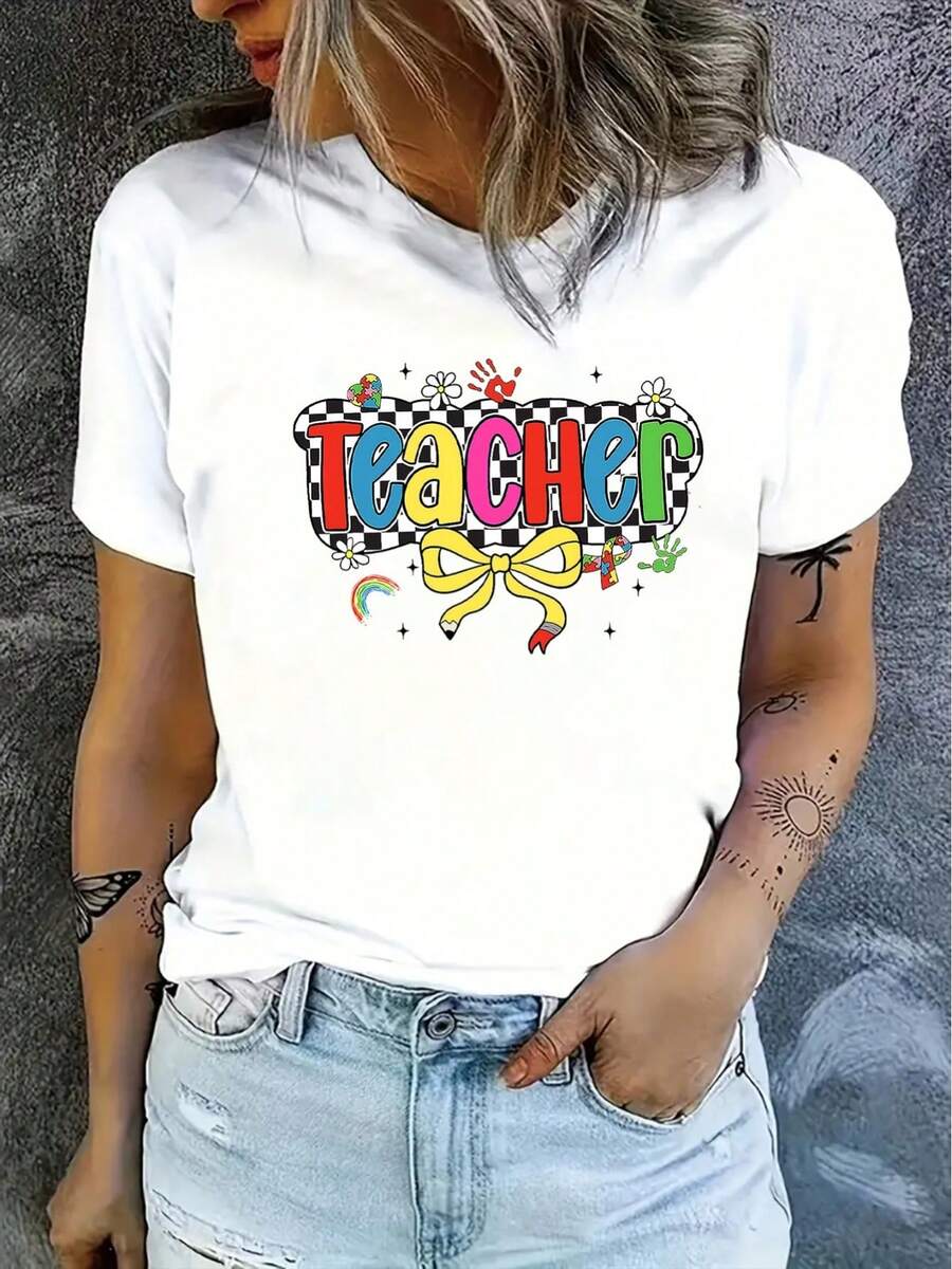 Camiseta de manga corta de poliéster para mujer, ligera y cómoda con diseño de cuello redondo, adecuada para uso diario y actividades al aire libre.La tela es transpirable y suave, lo que la convierte en una opción ideal para entornos de ocio y trabajo. - Blanco - Ver 1