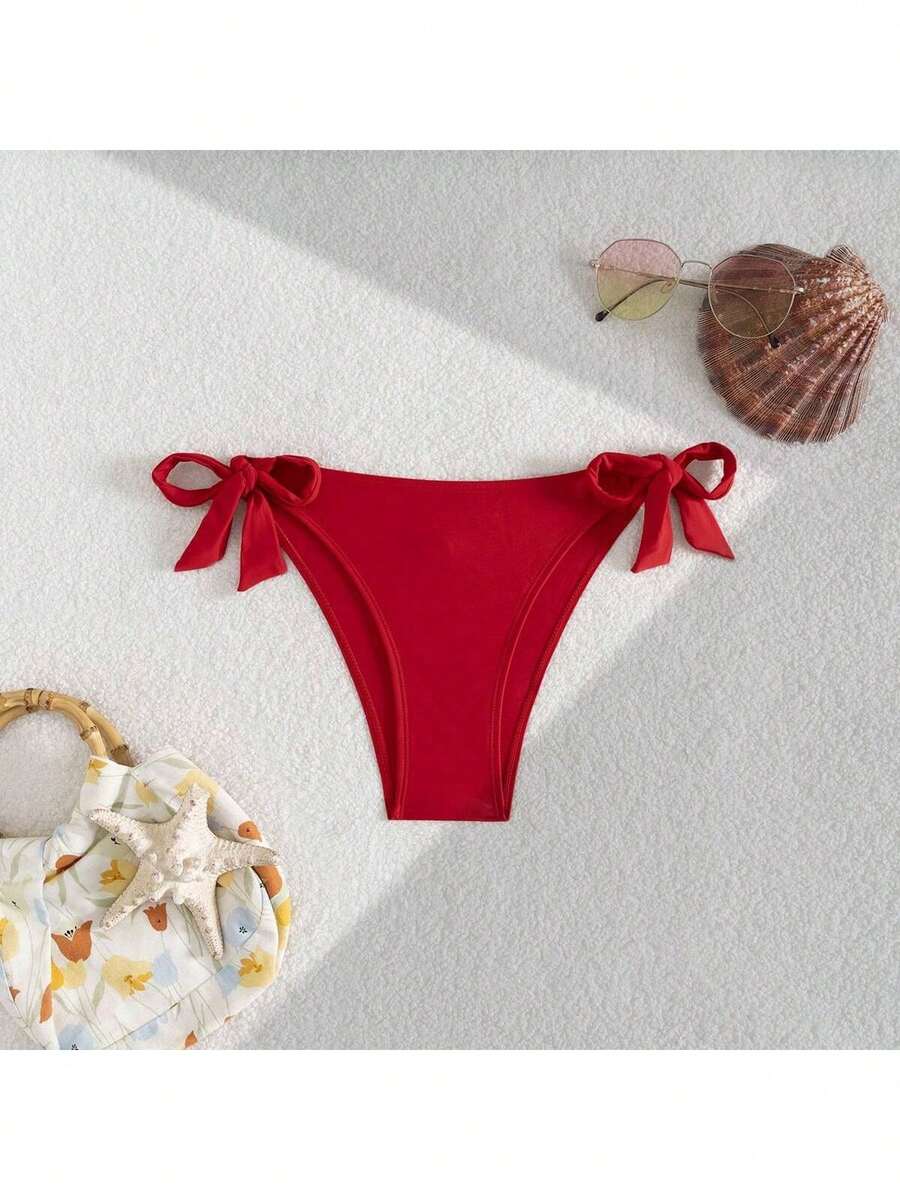 Black Basic Side Tie Bikini Bottom, Suitable For Graduation, Independence Day, Valentine's Day, Music Festivals, Fashion Vacation Beach - Red - View 1