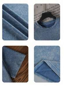 Camiseta de algodón casual con estampado para mujer, top negro lavado, cuello redondo de manga corta, diseño minimalista, adecuado para uso diario, estilo retro, regalo del Día de San Valentín de verano - Azul - Ver 4