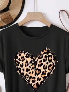 Short-Sleeved T-Shirt With Heart And Leopard Print, Casual Round Neck Sports T-Shirt For Women, Basic Spring/Summer Top, Women's Clothing - 黑色 - 查看 3