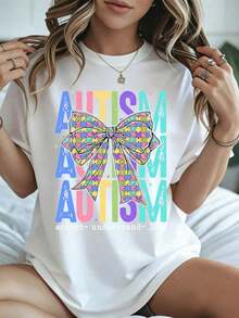 Elegante y casual para mujer, manga corta, camiseta con estampado de lazo colorido y rompecabezas, ropa casual negra para otoño y primavera. - Blanco - Ver 8