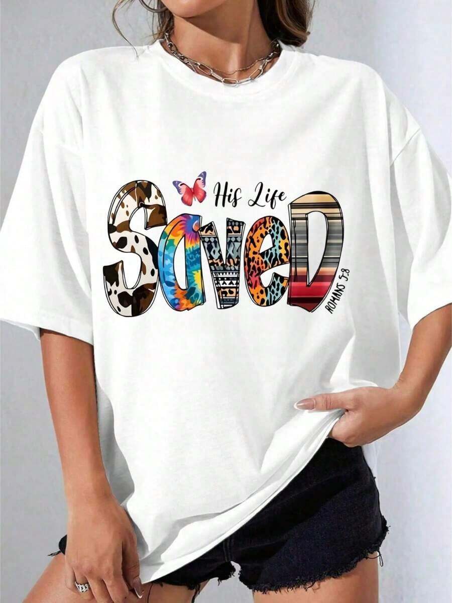 Women's Oversized Black And White T-Shirt With Butterfly Print And "White Sacred His Life" Pattern, Christian Inspiration, Casual Summer Top For Outdoor Parties, 180g Casual Printed T-Shirt - 白色 - 查看 1