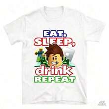 Camiseta de algodón de manga corta para hombre - Estilo urbano casual con tela de malla, diseño icónico y nostálgico de videojuegos (Eat, Sleep, Repeat) Camiseta blanca - Estilo urbano vintage unisex, camiseta de algodón holgada de manga corta con cuello redondo. blusas.blusas casuales para dama. - Blanco - Ver 6