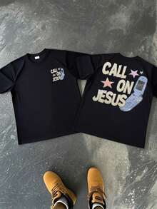 Camiseta de manga corta con estampado digital de doble cara "Call On Jesus", estilo vintage, 1 pieza, para hombre, cuello redondo, 100% algodón, informal, retro, con gráfico religioso. - Negro - Ver 1