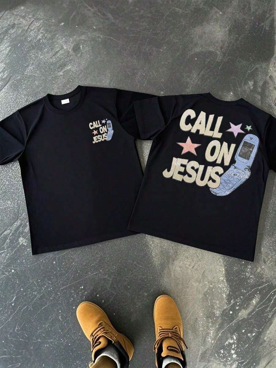 Camiseta de manga corta con estampado digital de doble cara "Call On Jesus", estilo vintage, 1 pieza, para hombre, cuello redondo, 100% algodón, informal, retro, con gráfico religioso. - Negro - Ver 1