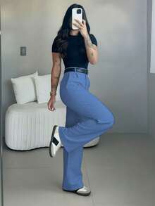 Pantalones anchos de cintura alta y ajuste delgado en verde pavo real| Estilo callejero bohemio| Adecuado para uso casual, ir al trabajo y vacaciones en primavera/verano - Azul cielo 2 - Ver 6