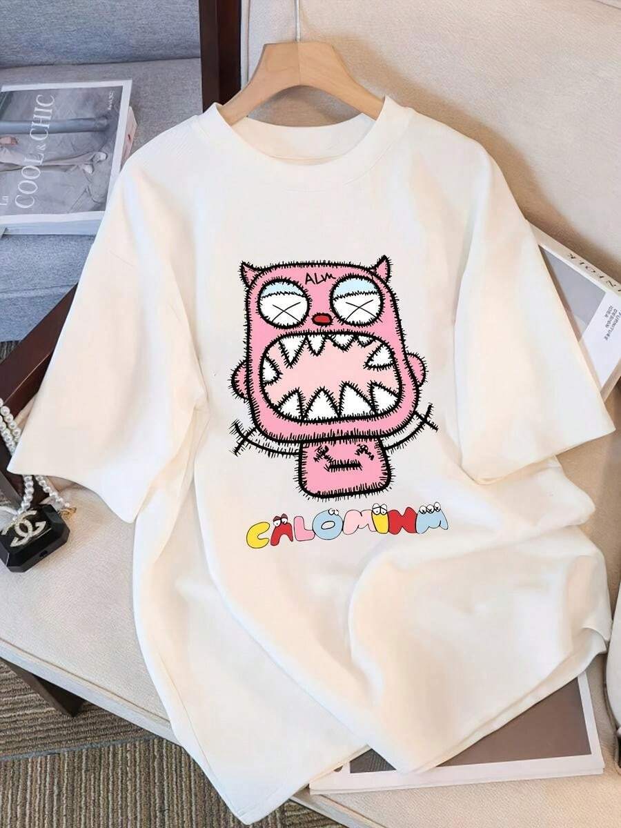 Camiseta de manga corta para mujer para el verano, con un dise?o elegante con estampados de dibujos animados, hecha de pura, perfecta como capa base. - Blanco - Ver 1
