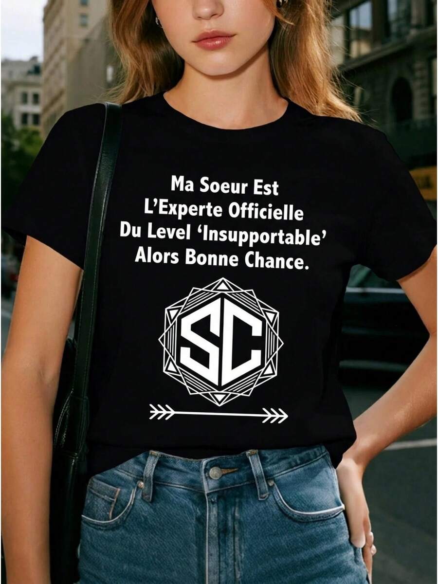 Ropa de verano holgada para mujer, camiseta con estampado de la frase de humor de la hermana francesa y el logo de SC, adecuada para reuniones de hermanas, ropa elegante para mujer, cuello redondo, manga corta, top de moda casual, adecuada para fiestas, regalos de vacaciones, uso diario y ocio en casa. Camiseta básica de algodón con cuello redondo para mujer. - Negro - Ver 1