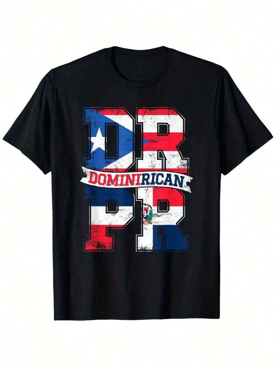 Retro Dominican Puerto Rican Print Vintage Short Sleeve Shirt Top Percent Cotton Breathable Loose Fit Daily WearCamiseta Algodón Ropa Casual - Negro - Ver 1