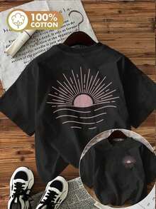 Camiseta de edición limitada con estampado gráfico, manga corta, cuello redondo, top casual para verano y primavera, ropa de mujer, algodón ligero. - Albaricoque - Ver 9