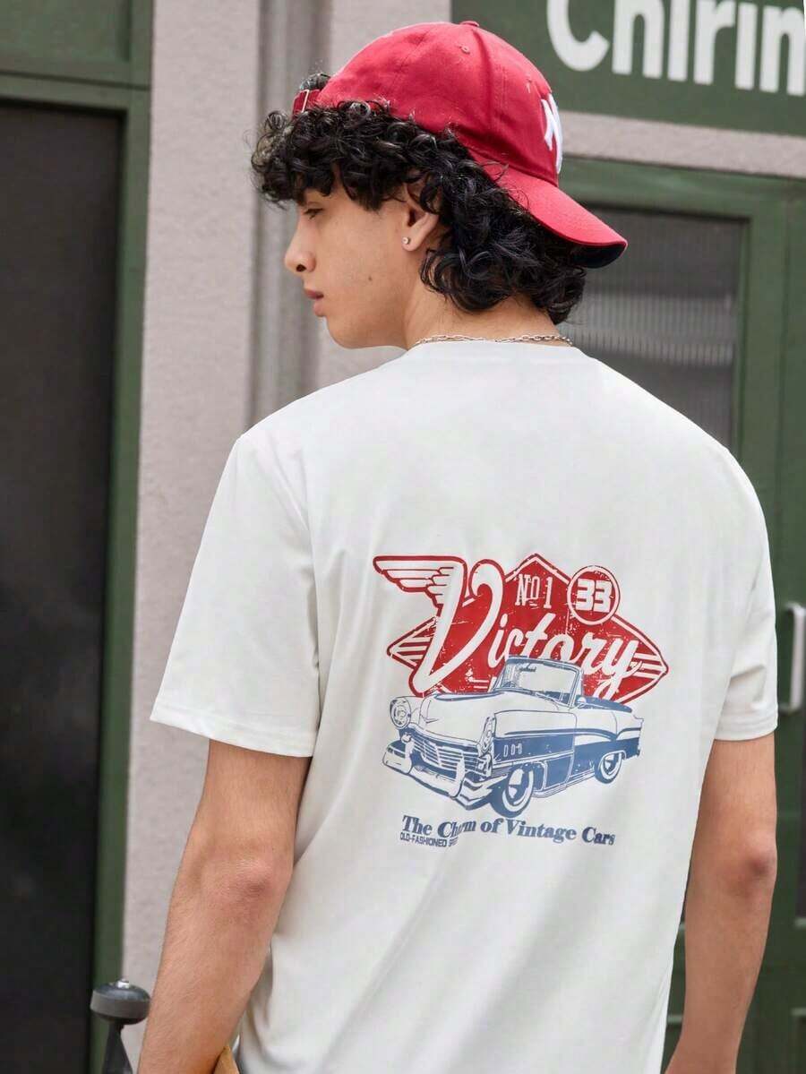 Camiseta de manga corta para hombre con estampado de coches retro, cómoda y transpirable, adecuada para el verano, liderando la  de la moda, estilo vintage americano, unisex, de corte holgado, ropa de verano--ideal para uso diario y vacaciones de verano. 100% algodón. - Blanco - Ver 1
