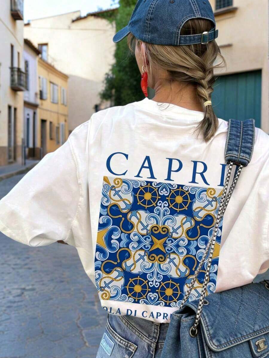 Women's Loose-Fitting T-Shirt With A Round Neck And Exquisite Print. Soft And Breathable Fabric, Comfortable To Wear, And Short Sleeves. Casual And Relaxed Fit, Versatile Style. Made From High-Quality 100% Pure Cotton (200 G). - 白色 - 查看 1