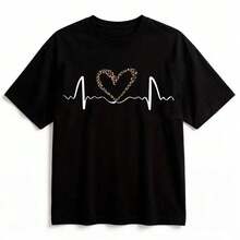 Camiseta de Cuello Redondo con Estampado de Corazón y Latidos para Mujer, Camiseta Casual de Manga Corta para Verano, Ropa de Mujer para Uso Diario, Top de Moda Femenina - Negro - Ver 6