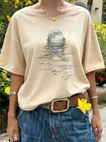 1 Piece Of Plus-Size T-Shirt For Everyday Wear, Summer 2026 Collection, 1 Piece Of Short-Sleeved T-Shirt With A Round Neck, Loose Fit, Casual, With A Simple Slogan Print, New Summer Collection For Women,  T-Shirt For Everyday Wear, Suitable For Daily Wear And Vacations. Women's T-Shirt. Soft Cotton, Sizes: Free Shipping, Within 24 Hours. Round Neck, 100% Cotton, Soft Fabric, Short Sleeve - 杏色 - 查看 4