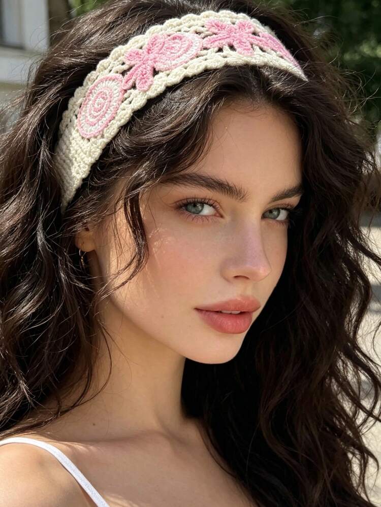 1 chiếc băng đô khăn bandana mềm phong cách casual ngọt ngào họa tiết hoa hồng & vỏ sò đan, phụ kiện tóc mùa hè - Hồng - Xem 1