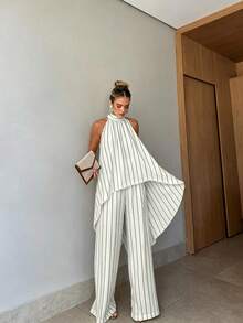2pcs/Set Striped Elegant Casual Front Short Back Long Halter Top And Wide Leg Pants Suit, Summer Holiday Outfit - Apricot - View 4