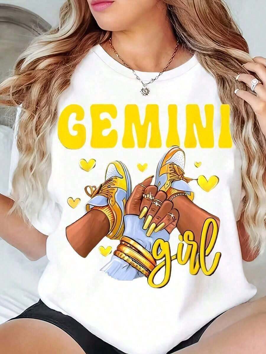 Camiseta Unisex con Estampado de Chica Géminis con Zapatillas y Corazones, Cuello Redondo, para Uso Casual, Fiestas, Salidas, Viajes y Estilo Diario, Ropa para las Cuatro Estaciones, Ropa de Ocio Diaria, Regalo para Familiares y Amigos. Camiseta de Algodón. - Blanco - Ver 1