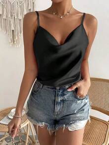 Body de satén elegante con tirantes finos y drapeado de unicolor - Negro - Ver 7