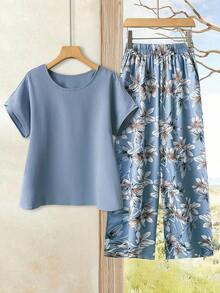 2 piezas Conjunto ajustado de mujer con estampado geométrico de bloques de color, adecuado para primavera y verano, apropiado para salir, casual - Celeste - Ver 6