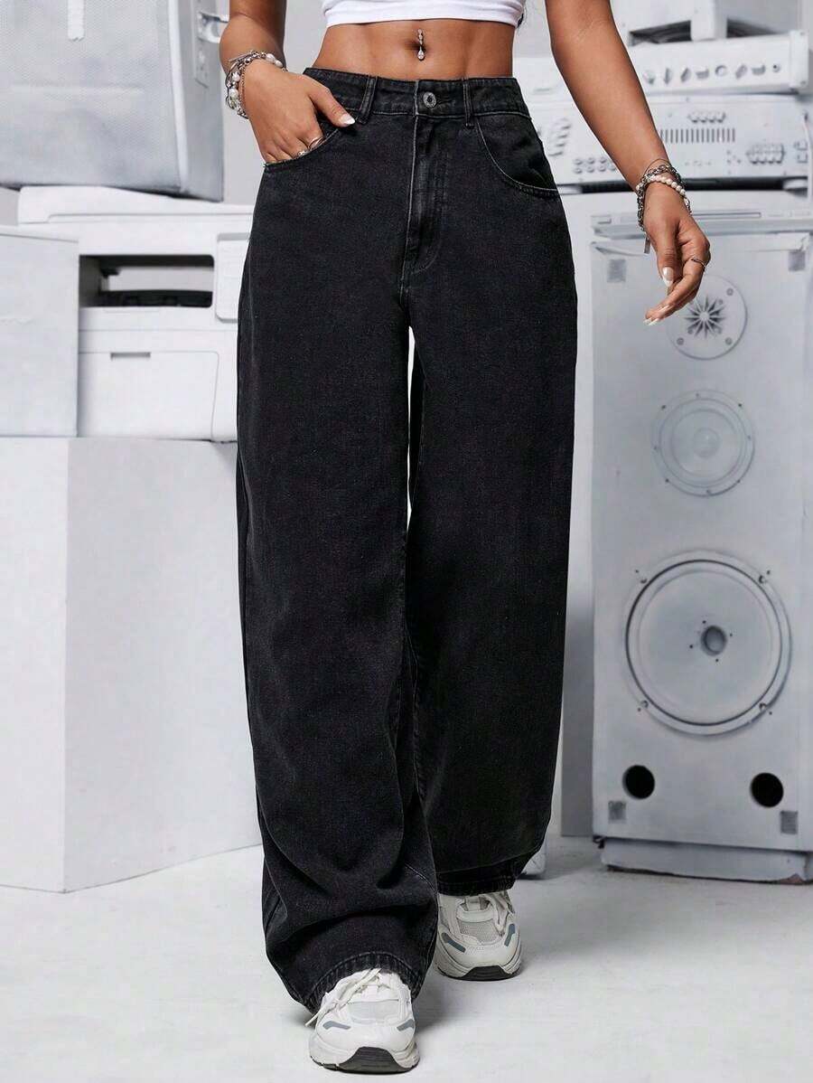 Jeans de mezclilla casuales y diarios de color liso para mujeres - Negro - Ver 1