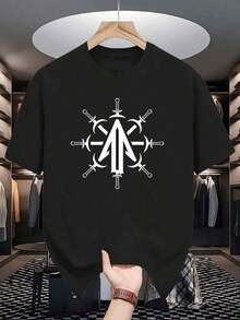 Men's And Teens' Short-Sleeved T-Shirts: Casual Round Neck, Arrow Print, Breathable Spring And Summer Clothing, Basic And Versatile Style (Available In Various Sizes). - 黑色 - 查看 11