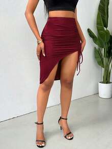 Falda de lápiz unicolor con abertura y cordón para ajustar el Body en verano - Burdeos - Ver 7