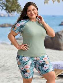 Conjunto de tankini de playa de verano para mujer con estampado tropical de plantas - Multicolor - Ver 5