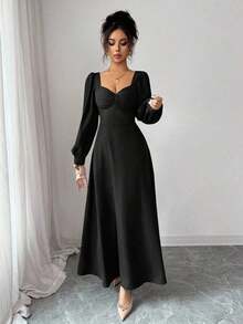 YHHElenzga Vestido maxi elegante de mujer con cuello cuadrado, mangas abultadas y cintura, adecuado para el uso diarioYHH - Negro - Ver 8