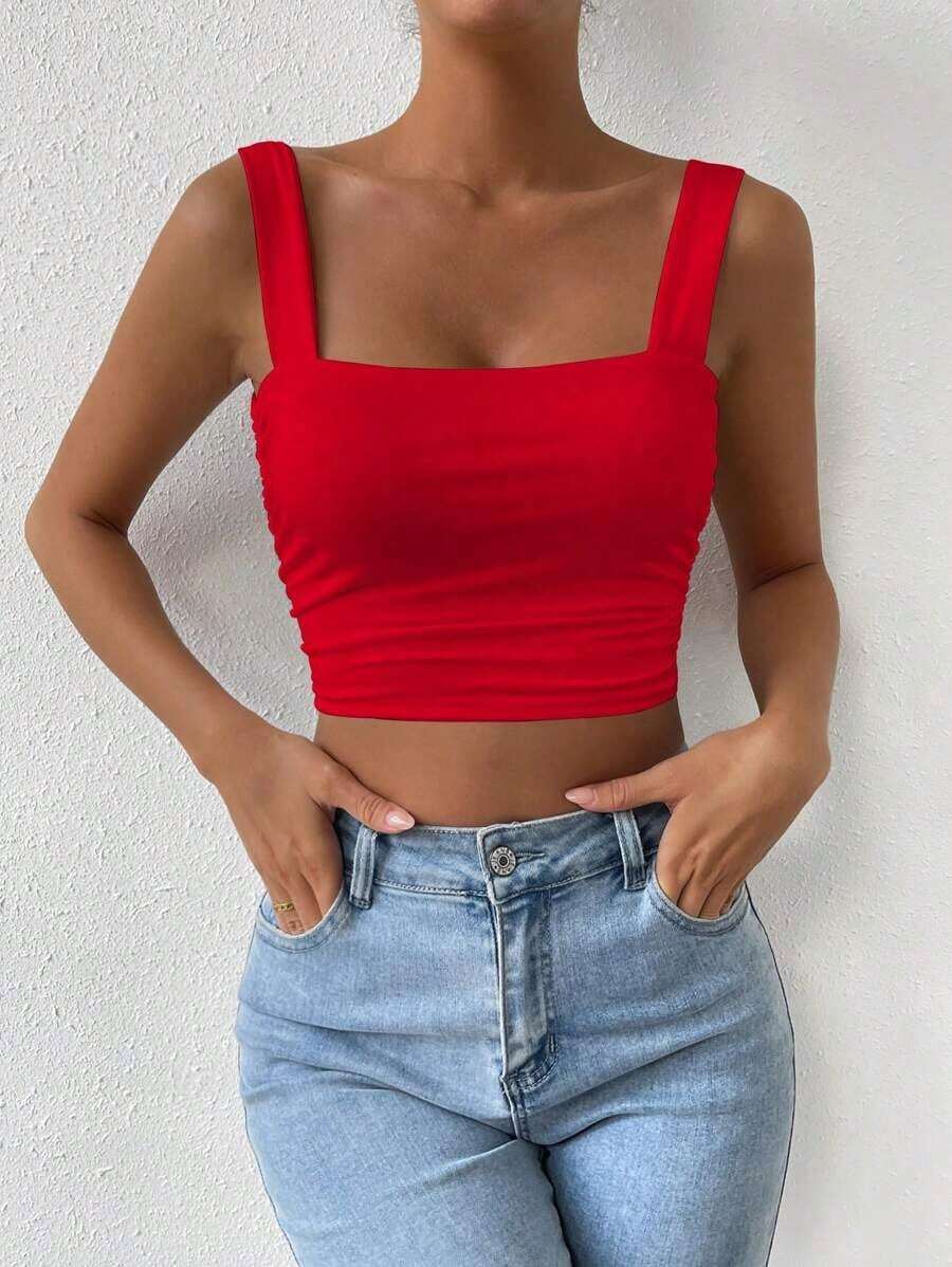 Top Cami Ajustado de Pliegues unicolor y Corto para el Verano - Rojo - Ver 1