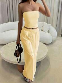 Conjunto de 2 piezas de ropa de otoño Vaiaye: Top corto ajustado y sexy sin tirantes, camiseta básica de unicolor elástica y ajustada, top tipo bandeau para yoga; Conjunto de pantalones para primavera/verano - Amarillo - Ver 8