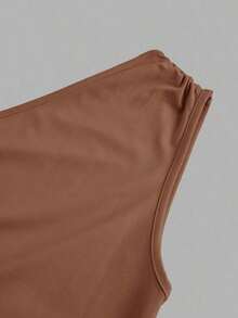 Vestido largo de tipo cola de pez minimalista con hombro asimétrico en color liso, arrugado, para uso diario casual - Café integral - Ver 3