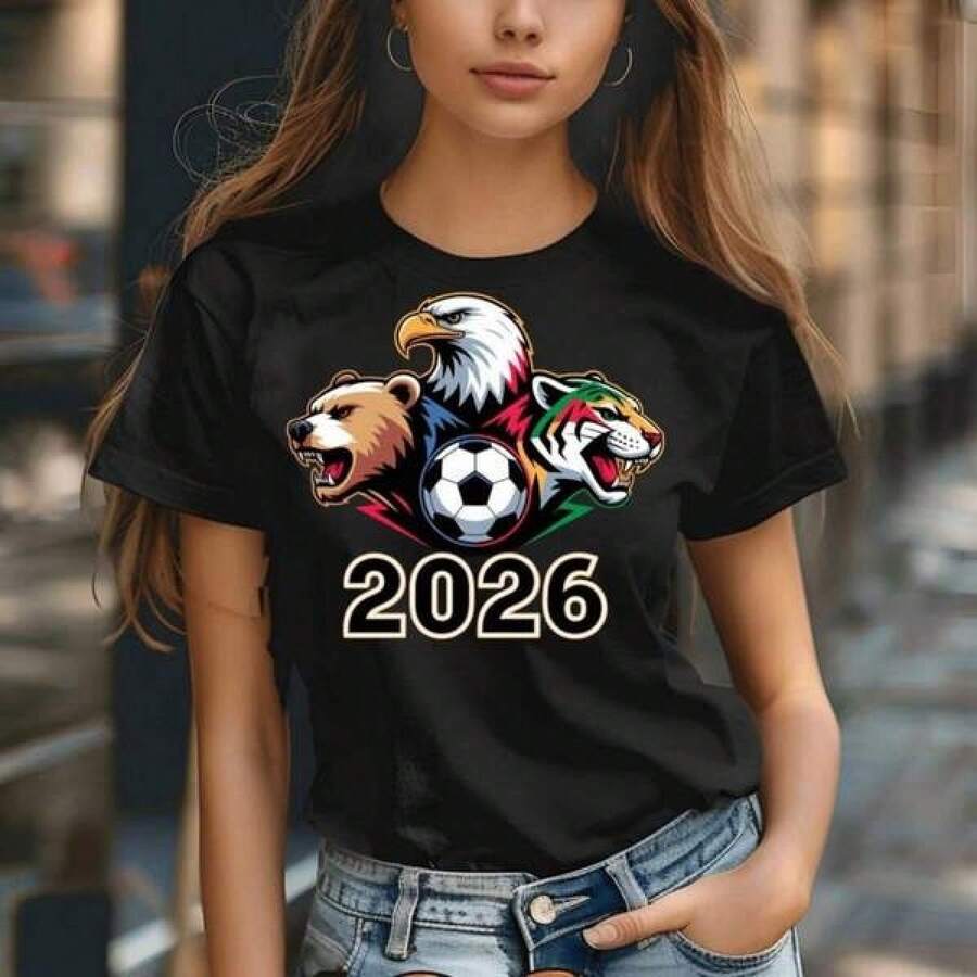 Mundial 2026 MascoT1S USA C1AnA1DA Diseño de Fútbol de México Arte de Fútbol con Águila, Oso y Jaguar Camiseta Sublimada - Negro - Ver 1