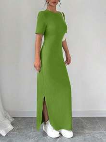 Vestido largo de mujer de manga corta con cuello en V y bajo dividido, de unicolor, vestido maxi elegante de color burdeos, vestido largo ajustado, vestido largo rojo, vestido maxi de manga corta para mujer, vestidos de mujer, vestido largo ajust - Verde - Ver 5