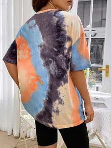 Camiseta de punto de mujeres con cuello redondo, teñida a la técnica Tie-Dye con parches de diferentes telas. - Multicolor - Ver 2