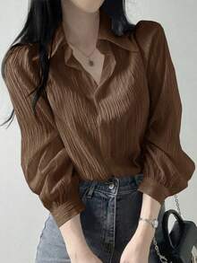 Blusa suelta de unicolor con cuello vuelto y pliegues para mujer, color morado, para primavera/verano/otoño, ropa de mujer de manga larga - Café integral - Ver 4