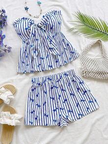Set de 2 piezas para mujer con parte superior corta sin mangas con volantes y estampado de rayas y flores, y shorts casuales para verano, vacaciones en la playa y fiestas - Multicolor 3 - Ver 3