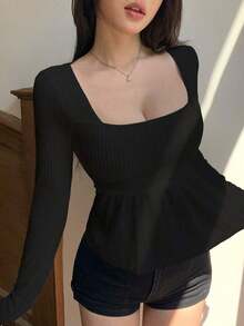 Blusa casual de mujer con cuello cuadrado, manga corta, silueta acampanada y tela texturizada, top sexy y lindo - Negro 2 - Ver 2