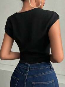 Camiseta De Malla Transparente Con Cuello De Corte Ajustado Para Mujer - Negro - Ver 2