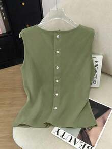 de lino sin mangas con bordado francés para mujer - Verde militar - Ver 2