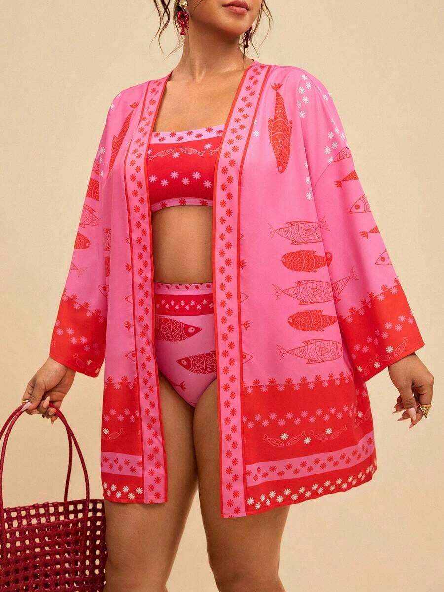suelta con estampado tropical para mujer de talla grande, Bata de baño, Kimono de playa, Año Nuevo, Acción de Gracias, Navidad, Playa, Playa para mujeres, Conjunto de playa, Playa para mujeres, Moda de playa, Moda de playa para mujeres - Rosa Fucsia - Ver 1