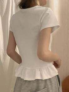 Camiseta de manga larga de corte holgado con volantes en el bajo, a rayas blancas y negras, diseño minimalista de verano para mujer - Blanco - Ver 5