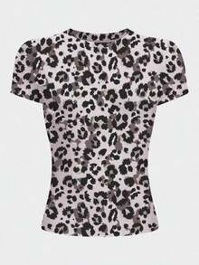 Camiseta casual de manga corta y cuello redondo ajustada para mujer, color café - Multicolor 3 - Ver 3