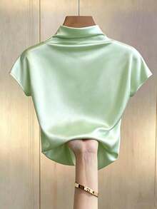 Camiseta blanca de manga corta ajustada con pliegues de unicolor y versátil para mujer - Verde - Ver 2