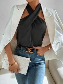 Top halter unicolor cruzado delantero de espalda abierta - Negro - Ver 3