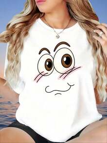 Camiseta Blanca Holgada con Estampado de Cara de Dibujos Animados para Mujer, Top Casual de Verano, Camiseta Gráfica de Moda, Camiseta para Mujer - Blanco - Ver 5