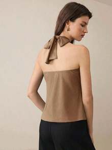 Top con cuello de halter, diseño de botón de metal verde, abertura lateral, elegante y chic para uso urbano y diario, estilo romántico retro de los 90.Adecuado para Navidad, Año Nuevo, San Valentín, fiestas, playa, graduación, moda, carnaval, bod - Marrón 3 - Ver 2