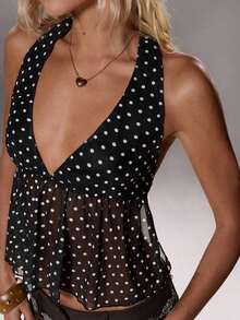 Elegante top de tirantes con escote en V y estampado de lunares para mujer, primavera/verano - Negro - Ver 5