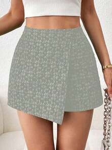 Falda pantalón elegante de unicolor con textura jacquard, para el Día de San Valentín - Verde - Ver 4