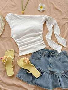 Blusa ajustada de cuello asimétrico con volantes y lazada, en color amarillo pálido, apta para fiesta, vacaciones, festival de música, estilo bohemio, citas y té de la tarde - Blanco - Ver 9