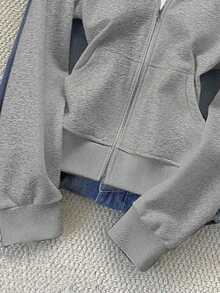 Chaqueta con capucha de manga larga, minimalista y casual de unicolor para mujer - Gris Claro - Ver 5